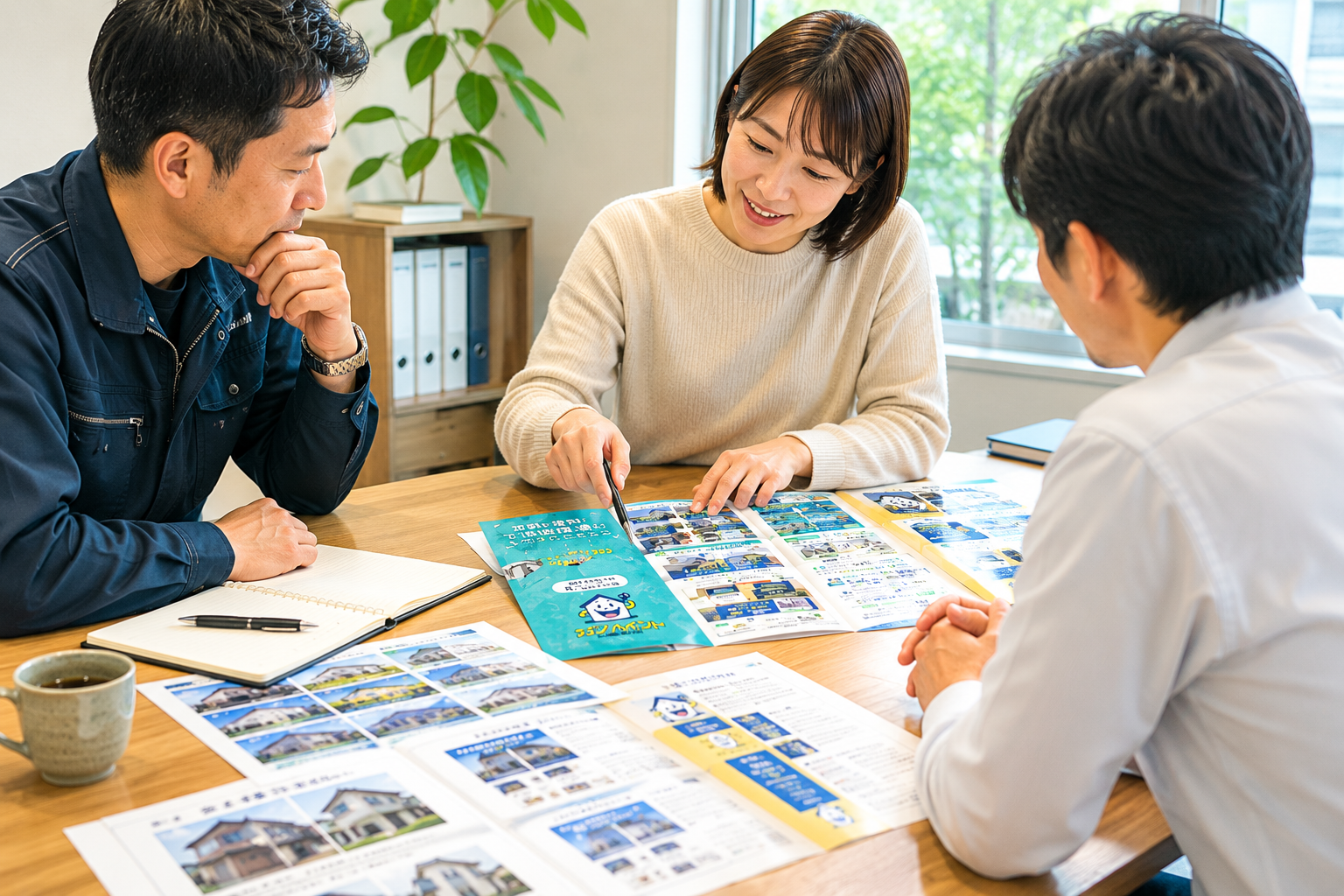 打ち合わせでリーフレットを見せている風景
