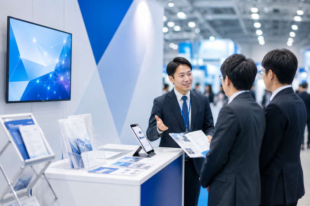 展示会ブースでの商談風景